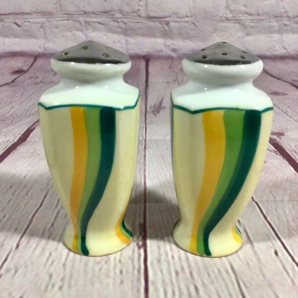 Vintage Hand Painted Stripes Ceramic Salt and Pepper Shaker Pair - Japan
